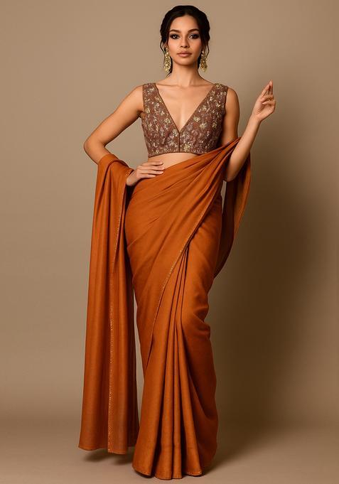 Mustard Embroidered Crepe Pre Draped Saree Set