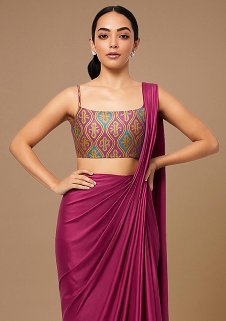 Multicolour Silk Blend Printed Pre Draped Saree Set - Indya