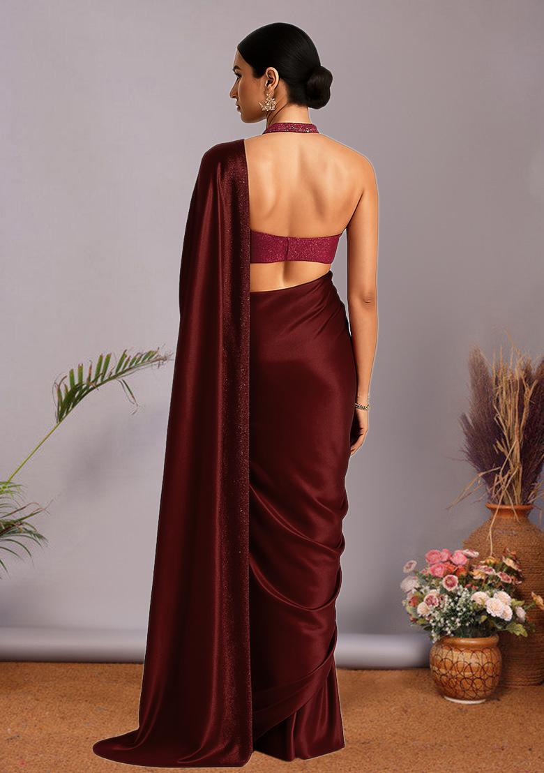 Red Sequin Lurex Pre Draped Saree Set - Indya