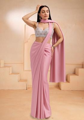 Pink Silk Blend Printed Pre Draped Saree Set