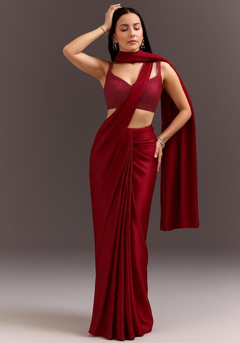 Red Sequin Lurex Pre Draped Saree Set