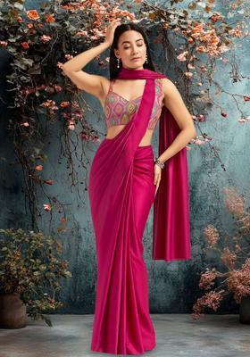 Multicolour Silk Blend Printed Pre Draped Saree Set
