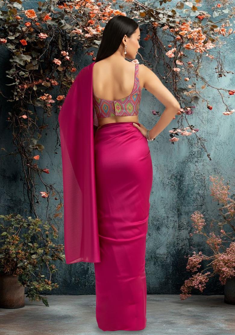 Multicolour Silk Blend Printed Pre Draped Saree Set - Indya