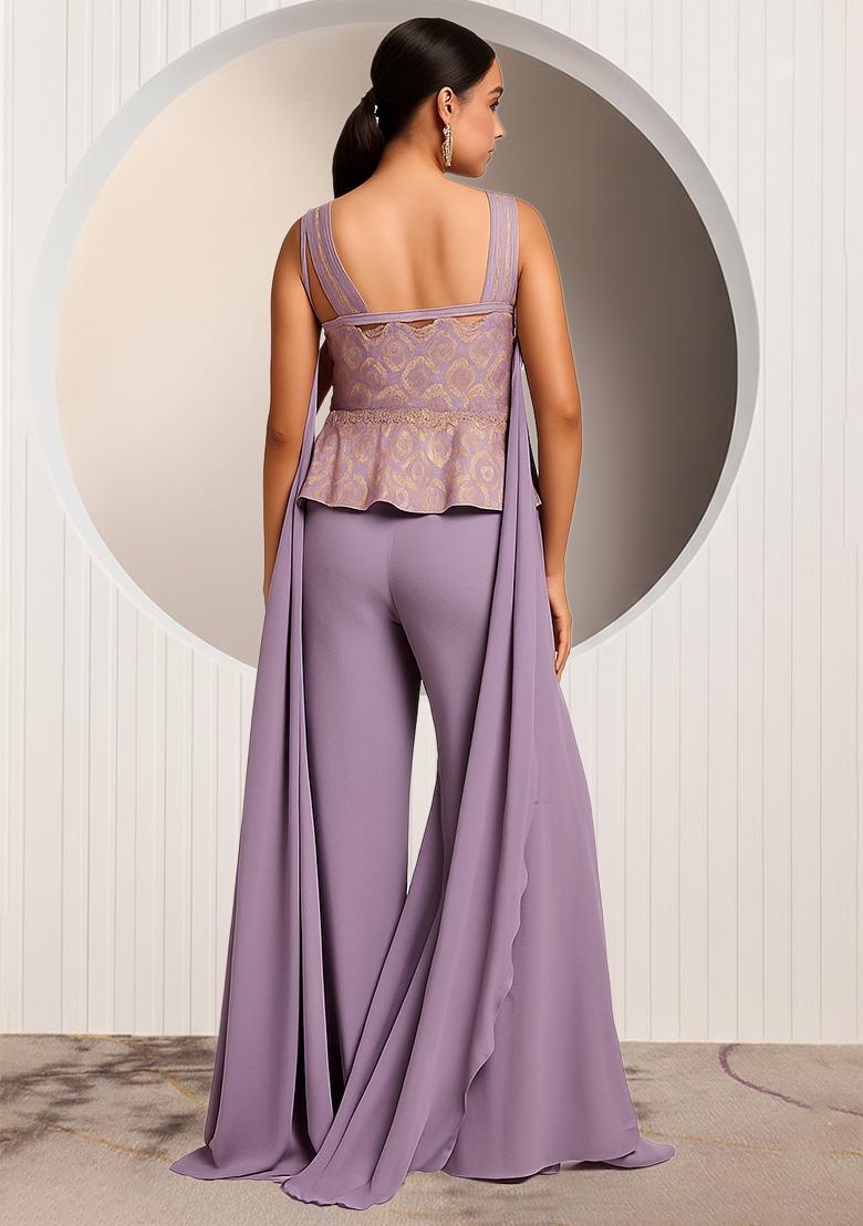 Purple Figure Print Silk Blend Fusion Set - Indya
