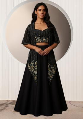 Black Embroidered Silk Blend Lehenga Set