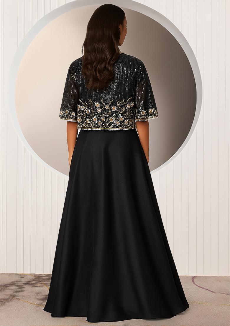 Black Embroidered Silk Blend Lehenga Set - Indya