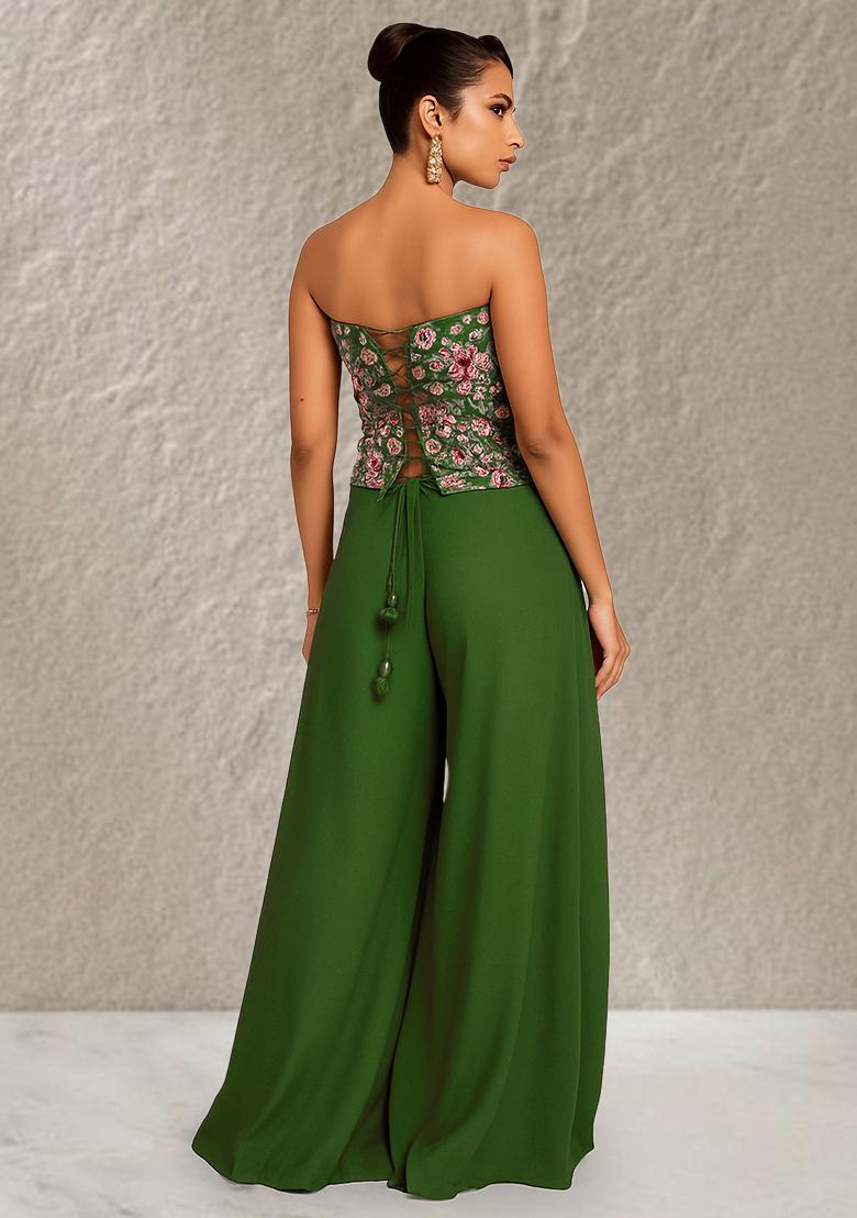 Green Embroidered Crepe Fusion Set - Indya
