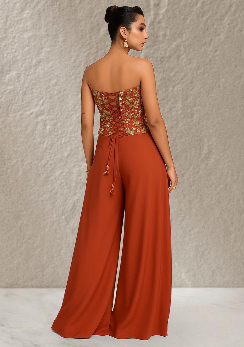 Mustard Embroidered Crepe Fusion Set - Indya