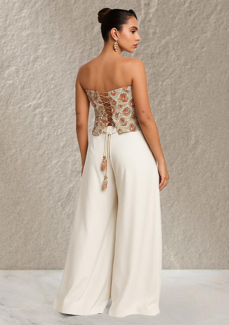 White Embroidered Crepe Fusion Set - Indya