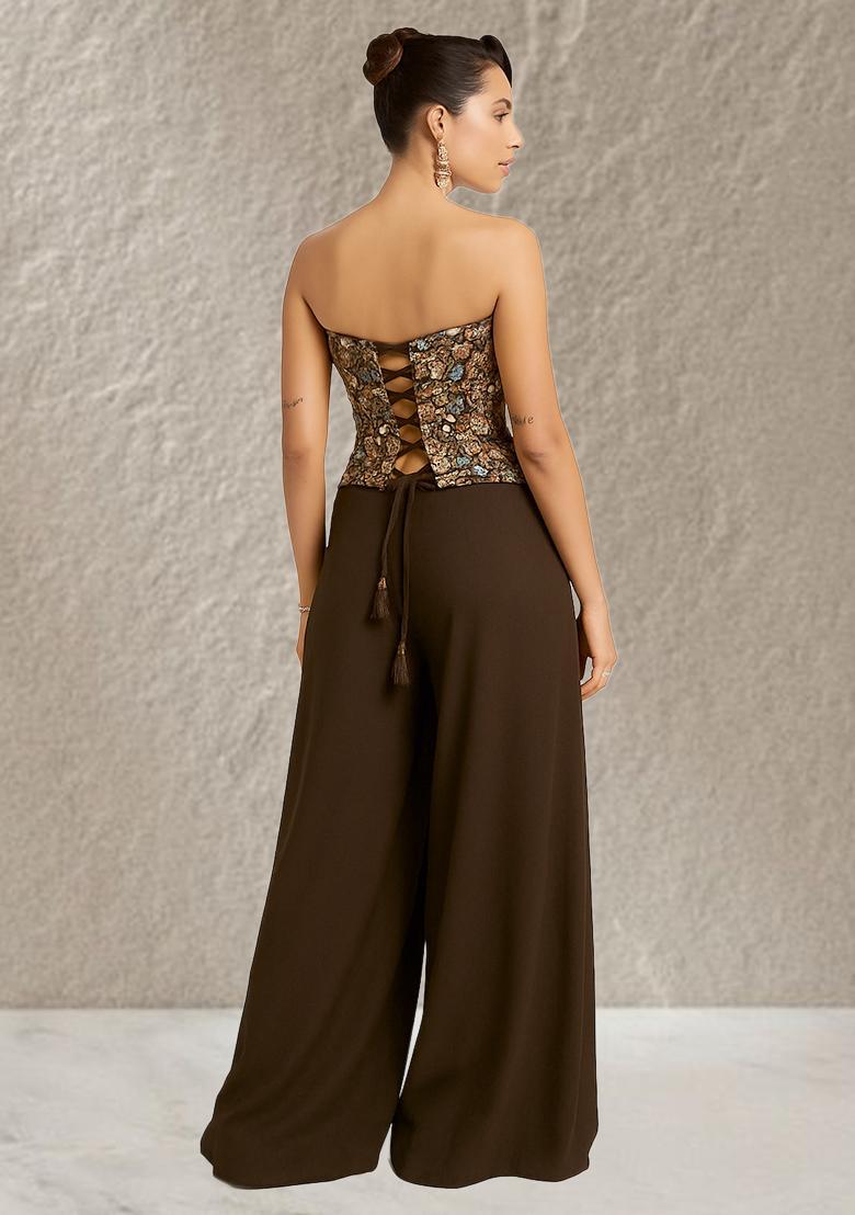 Brown Embroidered Crepe Fusion Set - Indya