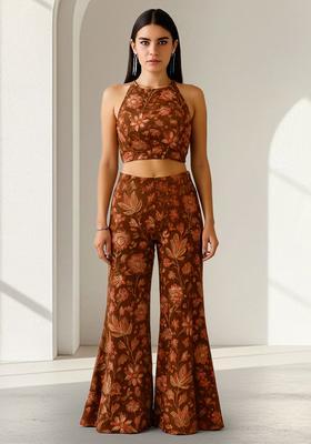 Mustard Embroidered Crepe Fusion Set