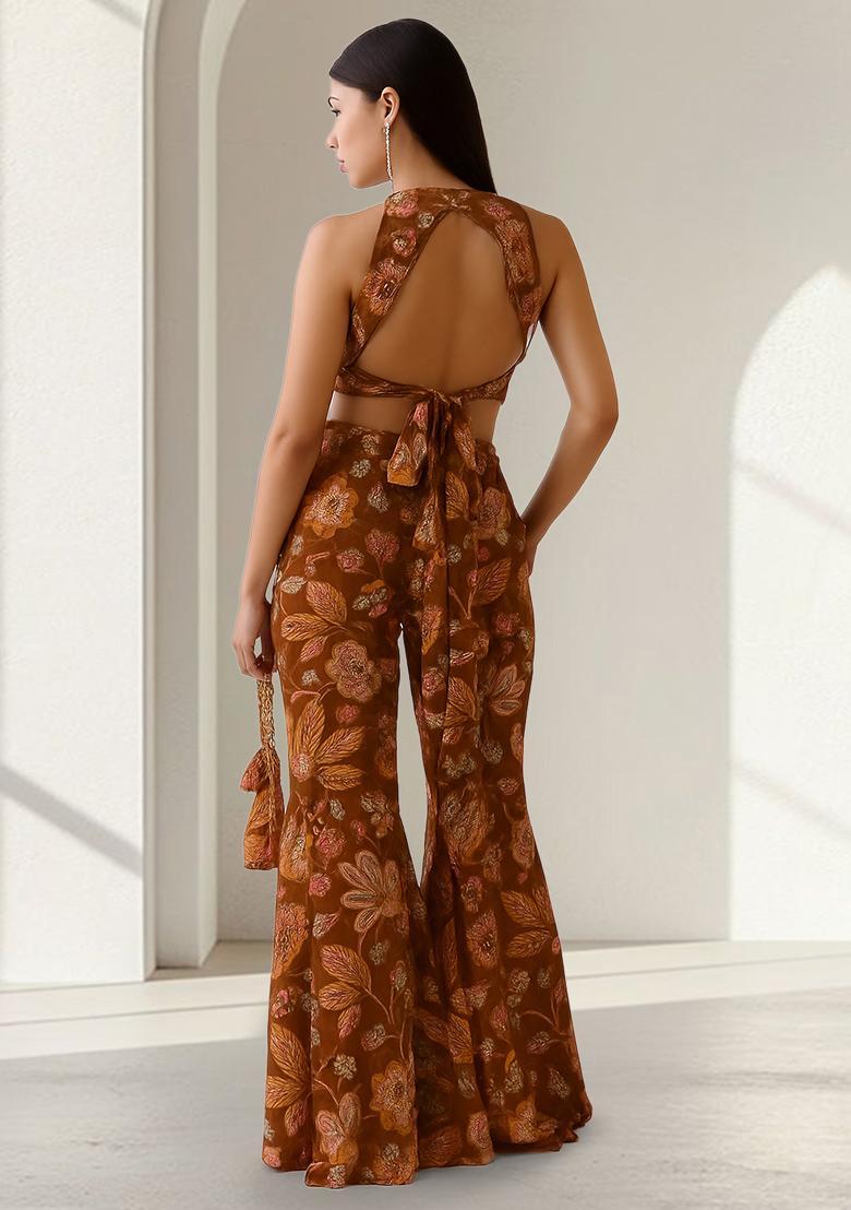 Mustard Embroidered Crepe Fusion Set - Indya