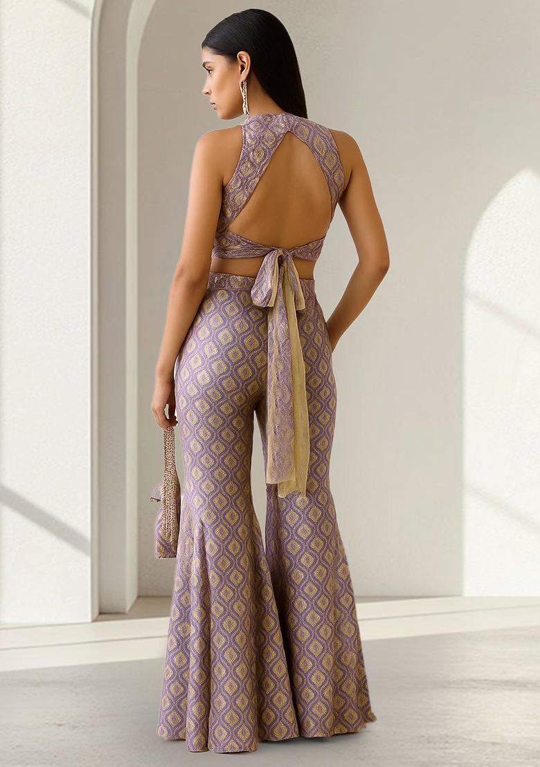 Purple Figure Print Silk Blend Fusion Set - Indya