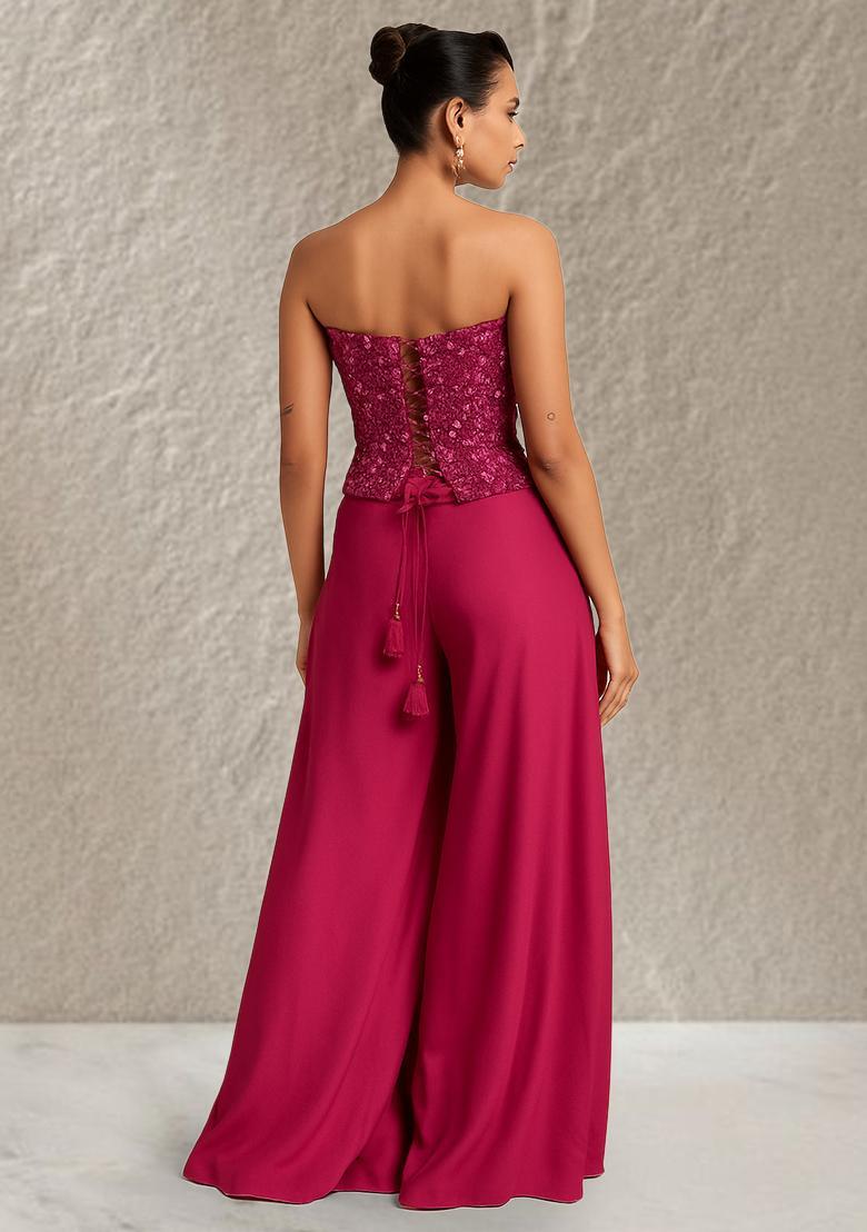 Maroon Embroidered Net Fusion Set - Indya