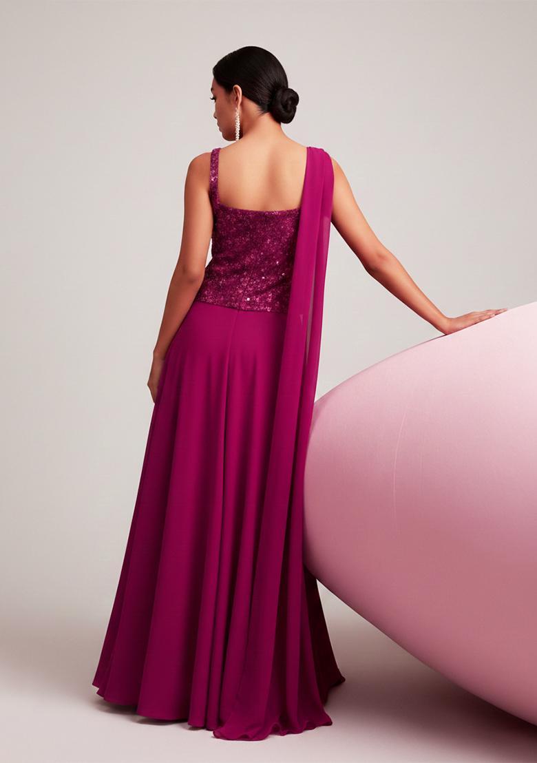 Wine Embroidered Net Fusion Set - Indya
