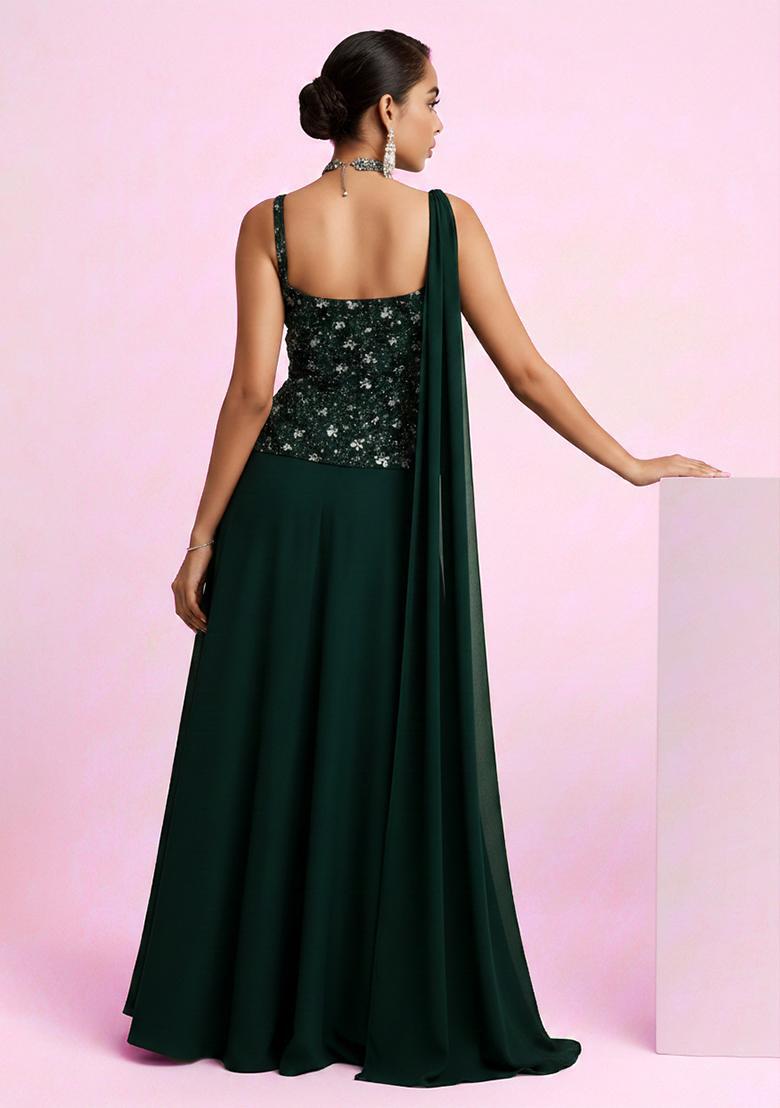 Green Embroidered Net Fusion Set - Indya