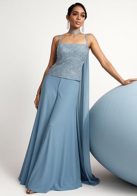 Blue Embroidered Net Fusion Set