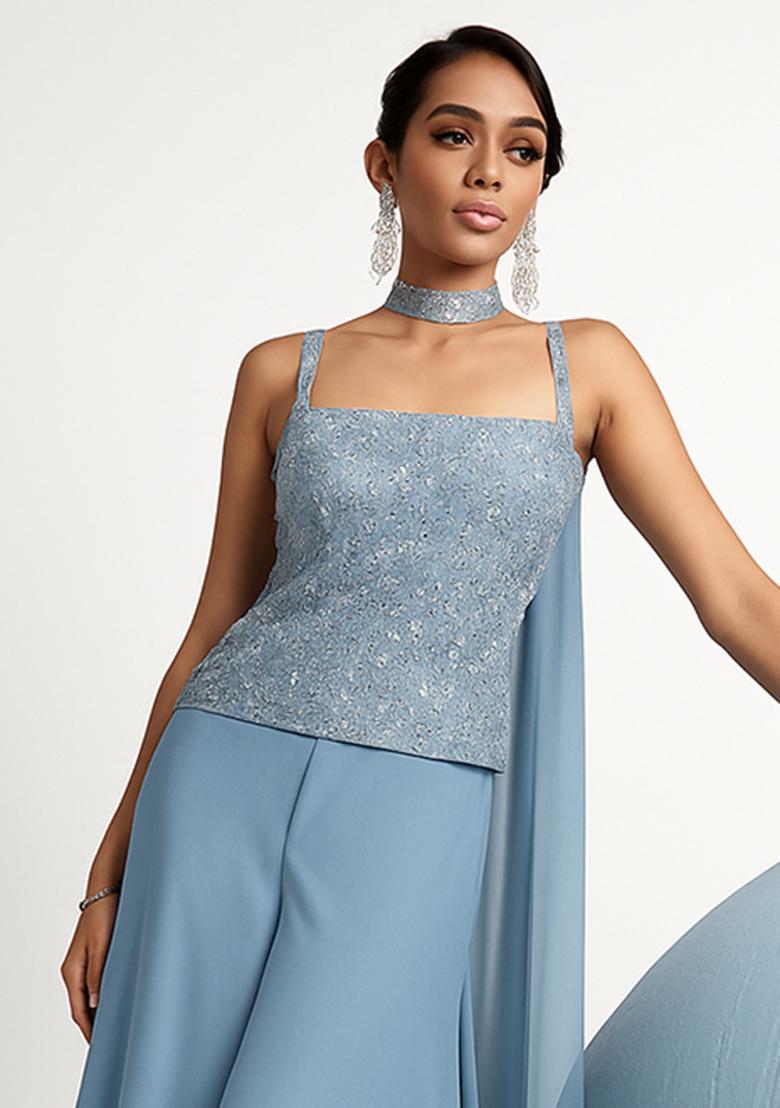 Blue Embroidered Net Fusion Set - Indya