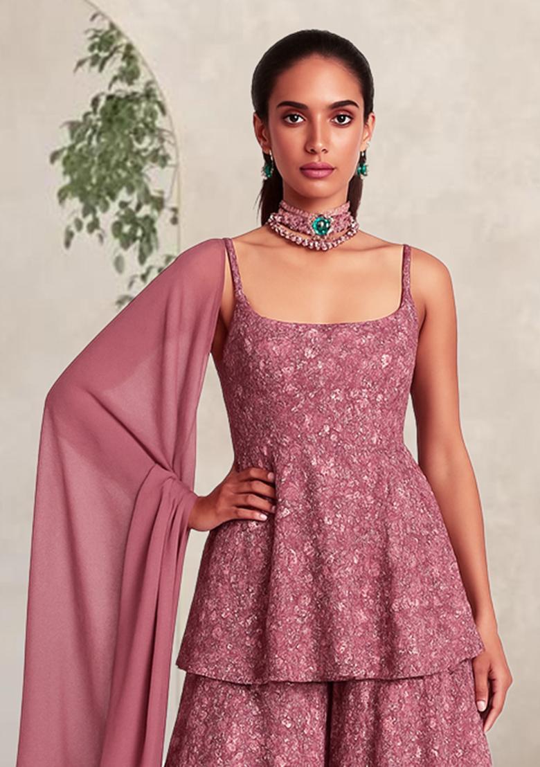 Pink Embroidered Net Fusion Set - Indya