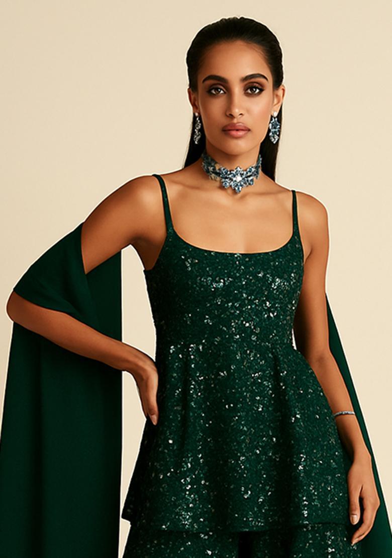 Green Embroidered Net Fusion Set - Indya