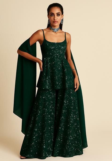 Green Embroidered Net Fusion Set