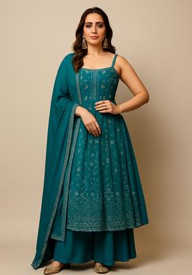 Teal Embroidered Net Anarkali Set