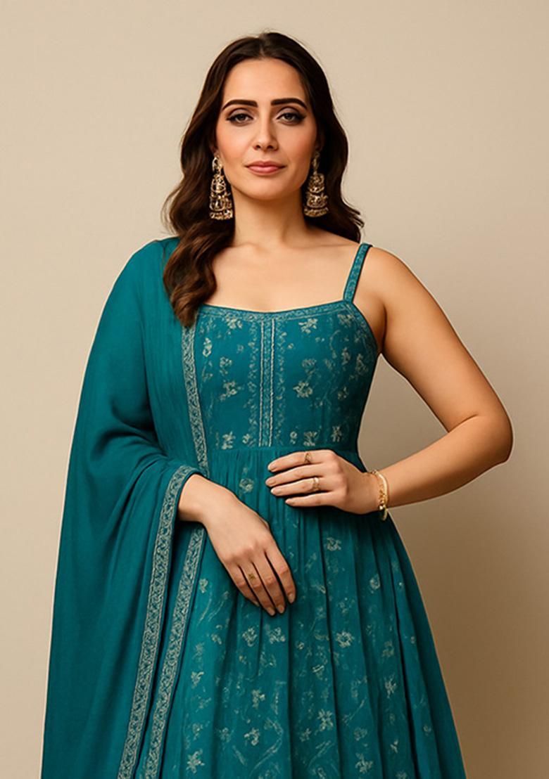 Teal Embroidered Net Anarkali Set - Indya