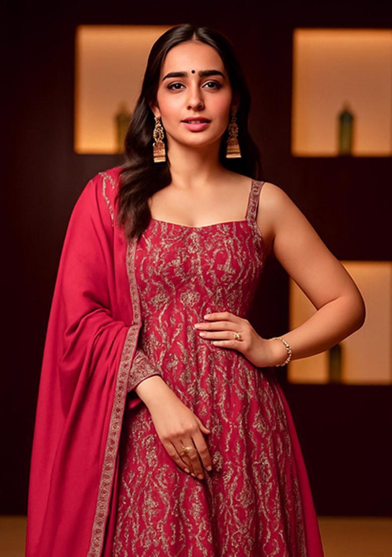 Red Embroidered Net Anarkali Set - Indya