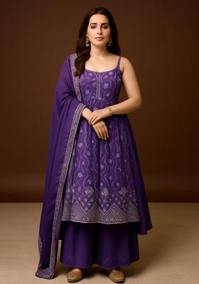 Purple Embroidered Net Anarkali Set