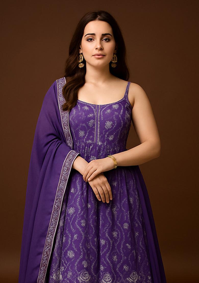 Purple Embroidered Net Anarkali Set - Indya