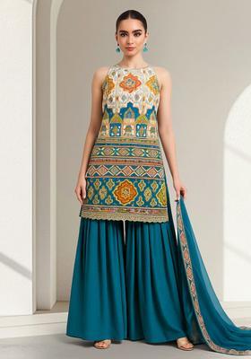 Multicolor Figure Print Crepe Sharara Set