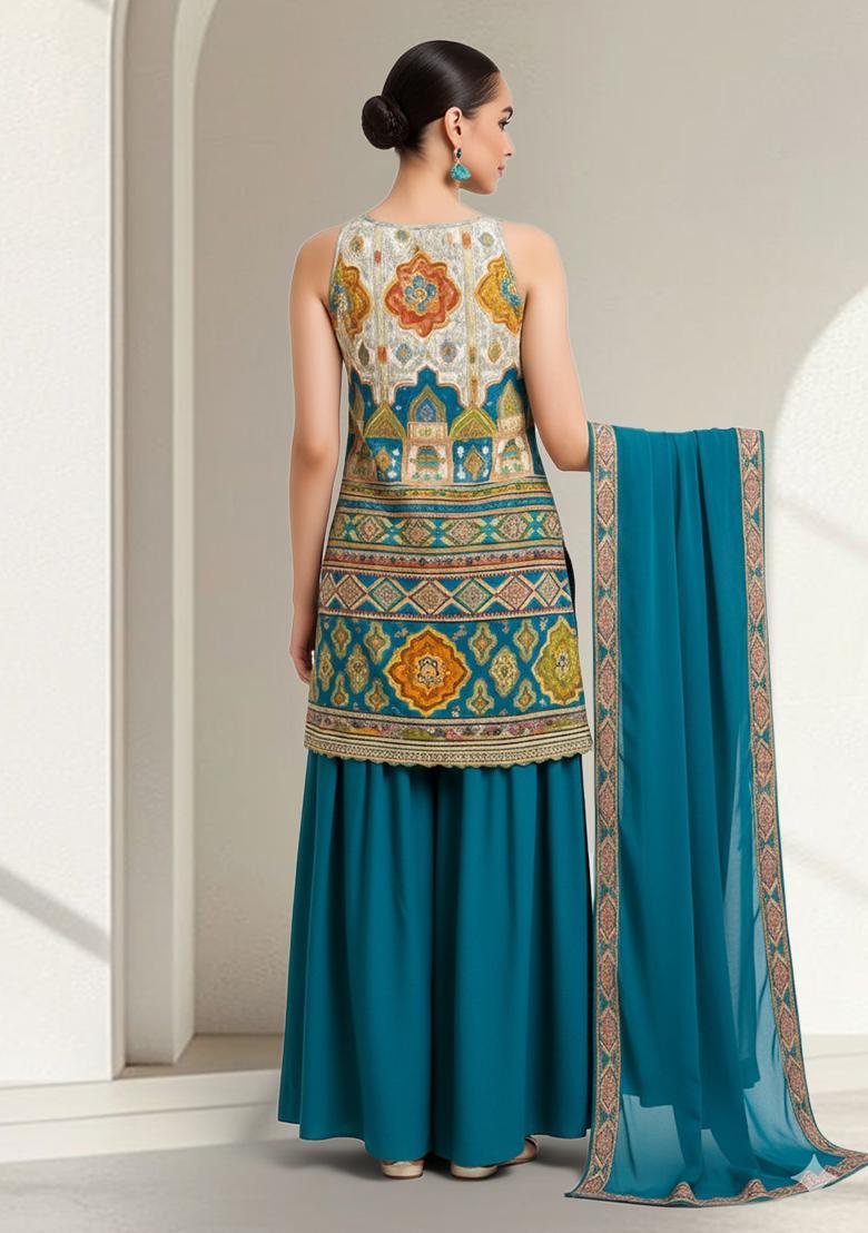 Multicolor Figure Print Crepe Sharara Set - Indya