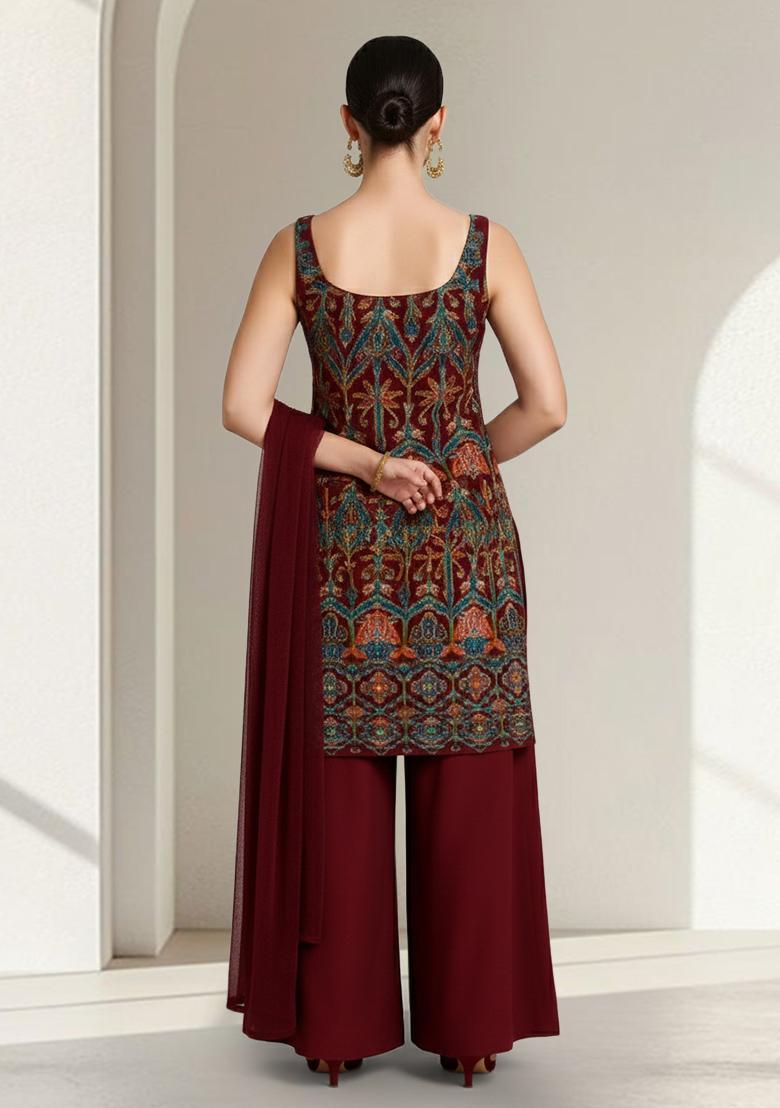 Brown Embroidered Crepe Sharara Set - Indya