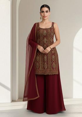 Red Embroidered Crepe Sharara Set