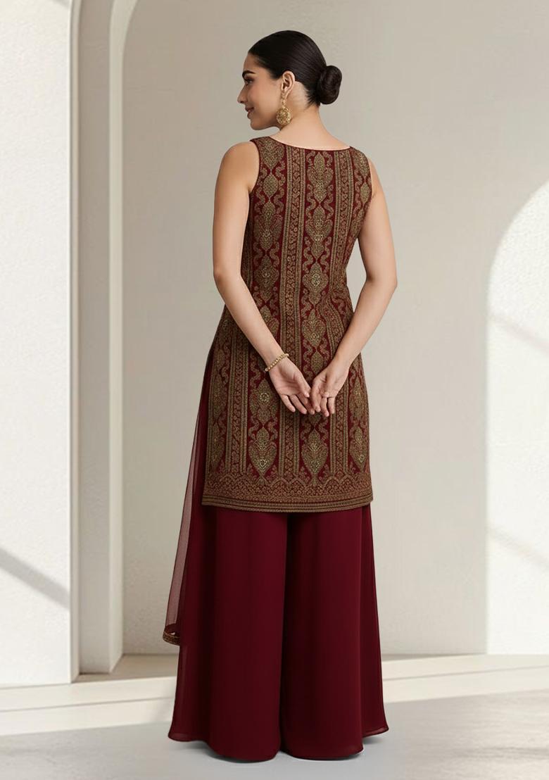 Red Embroidered Crepe Sharara Set - Indya