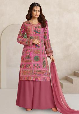 Pink Figure Print Silk Blend Sharara Set