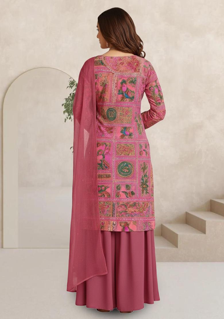 Pink Figure Print Silk Blend Sharara Set - Indya