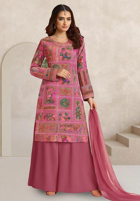 Pink Figure Print Silk Blend Sharara Set