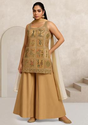 Beige Figure Print Silk Blend Sharara Set