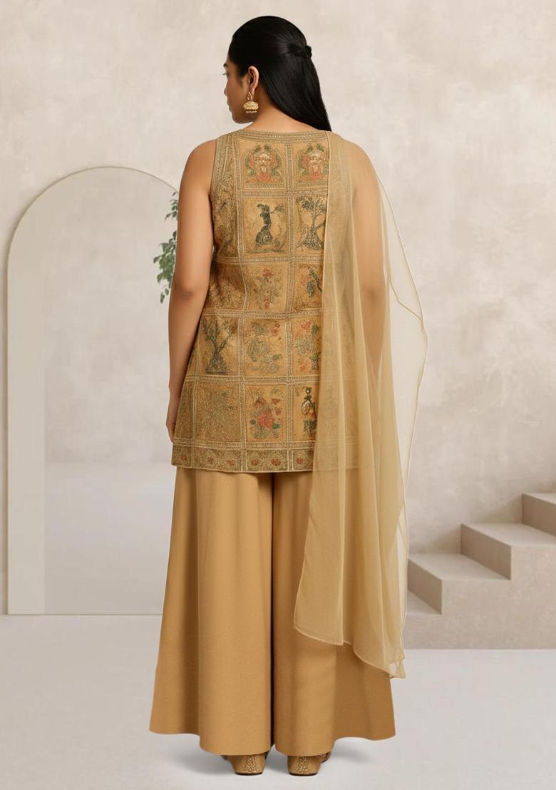 Beige Figure Print Silk Blend Sharara Set - Indya