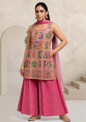 Pink Figure Print Silk Blend Sharara Set
