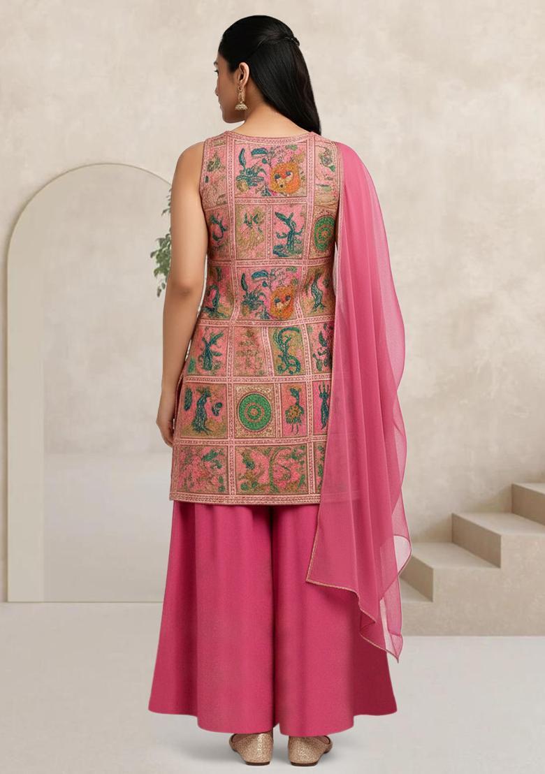Pink Figure Print Silk Blend Sharara Set - Indya