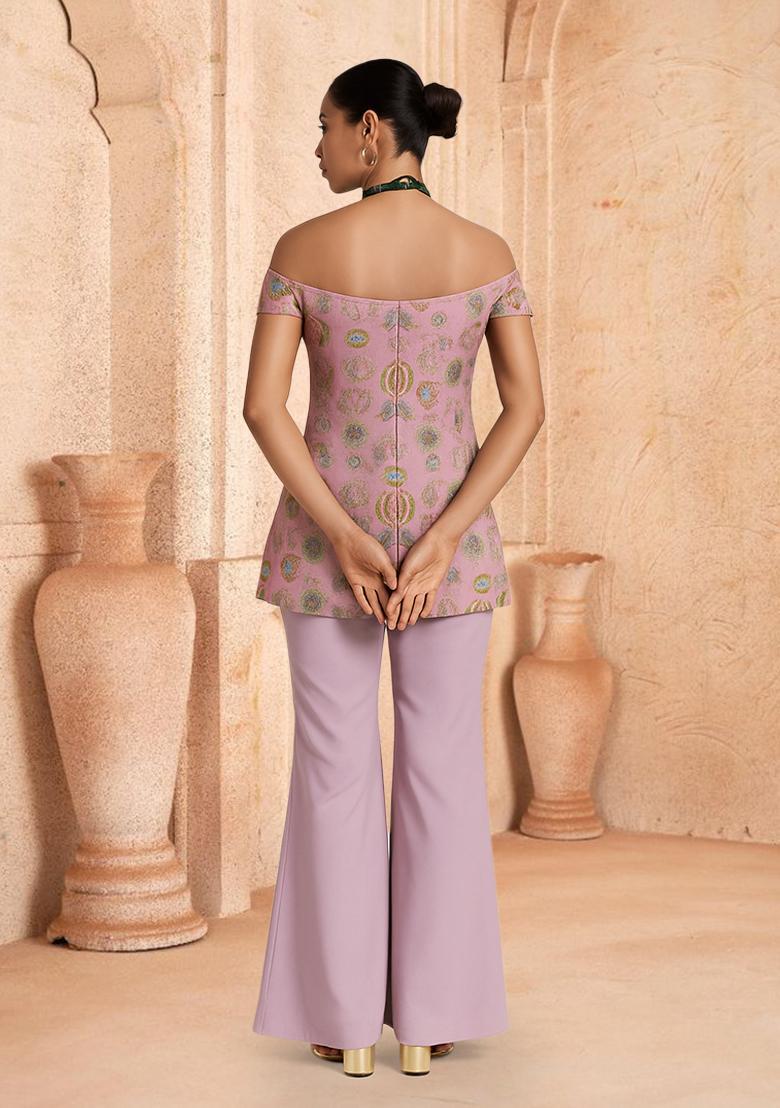 Pink Floral Print Silk Blend Fusion Set - Indya