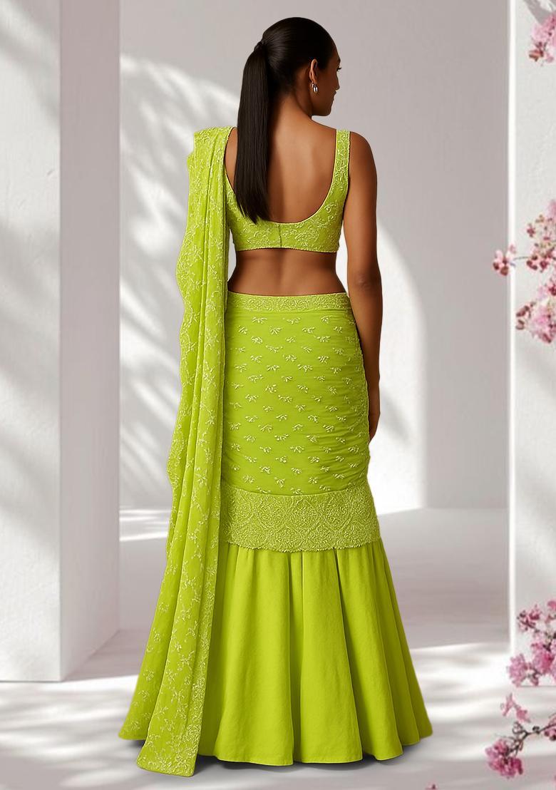 Green Embroidered Net Pre Draped Saree Set - Indya