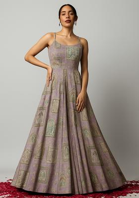Pink Figure Print Silk Blend Anarkali Set