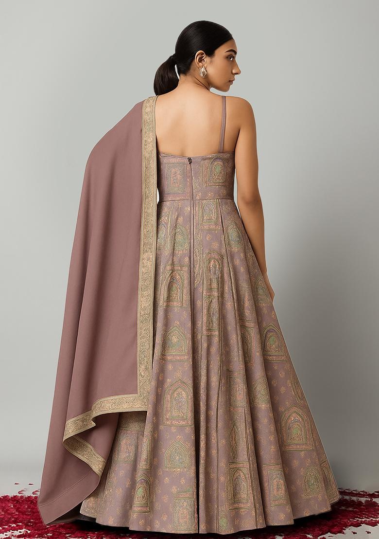Pink Figure Print Silk Blend Anarkali Set - Indya