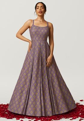 Purple Figure Print Silk Blend Anarkali Set