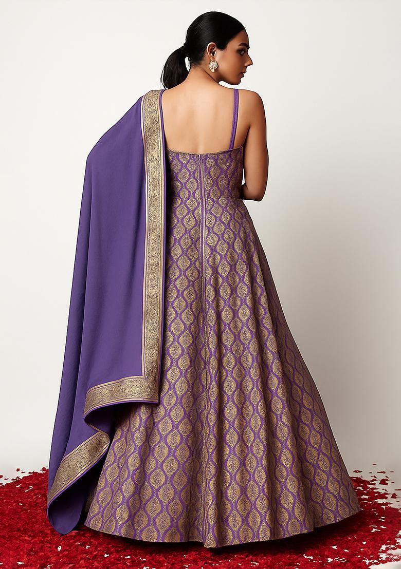 Purple Figure Print Silk Blend Anarkali Set - Indya