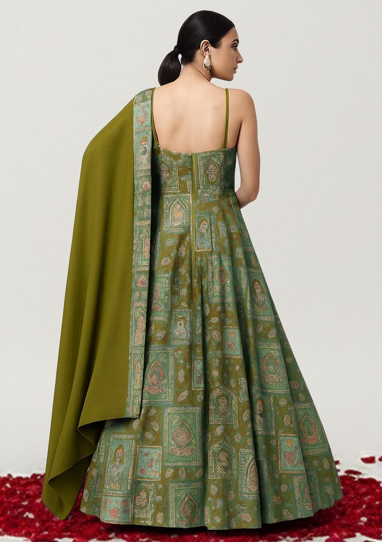 Teal Green Figure Print Silk Blend Anarkali Set - Indya