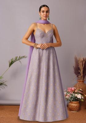Purple Figure Print Silk Blend Anarkali Set